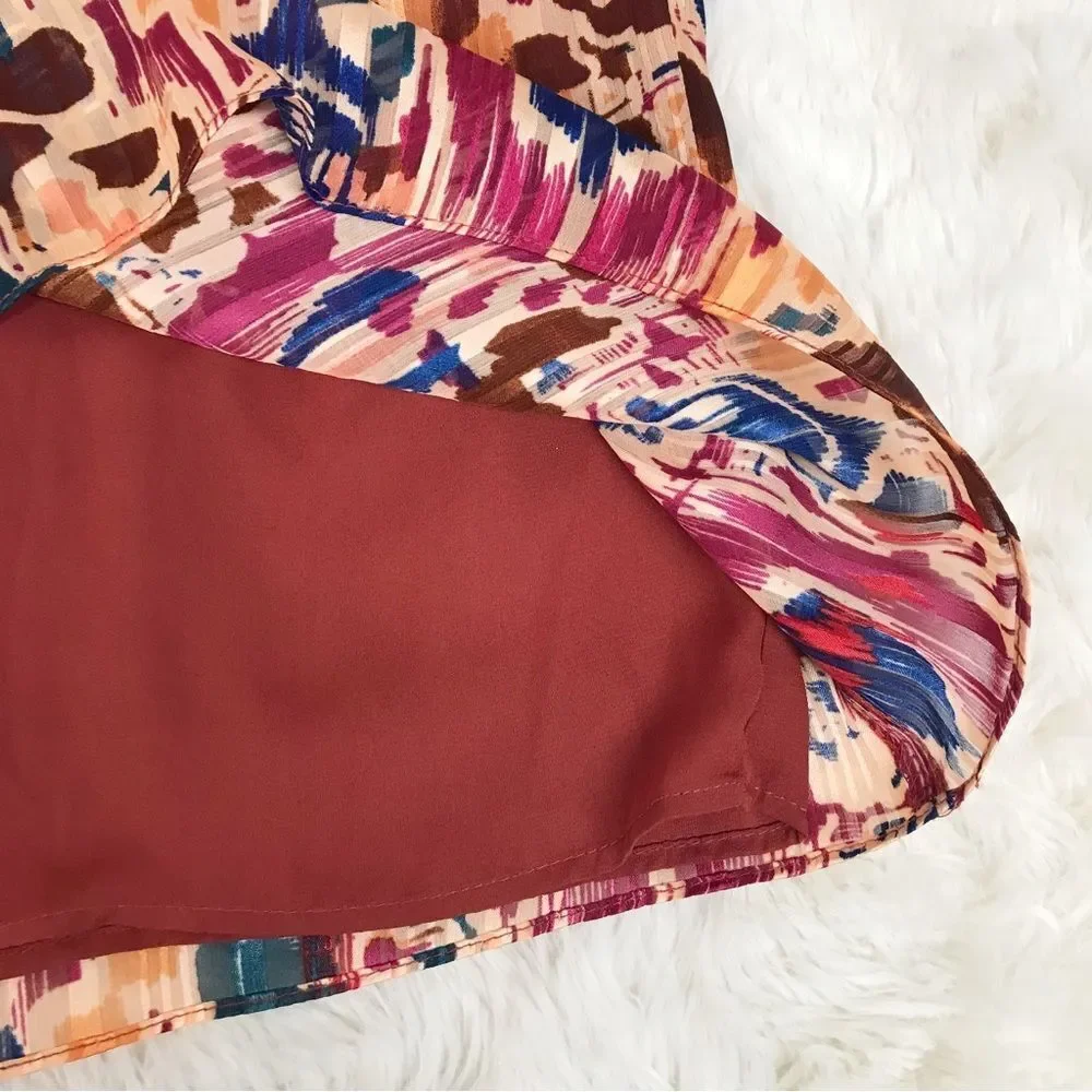 VINCE CAMUTO Tie Waist Midi Skirt Ikat Print Burgundy Orange Plus Size 1X 3X New